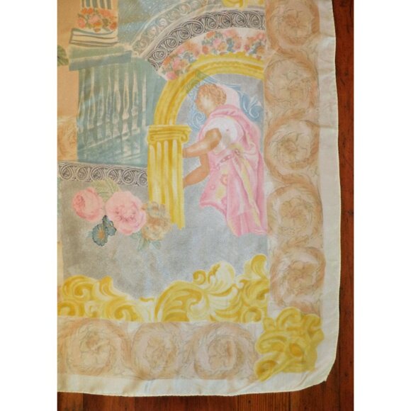 Vtg ESCADA Heavy Satin SILK SCARF Grecian Roman Roses 35"x35" HandRolled Italy - Picture 3 of 5